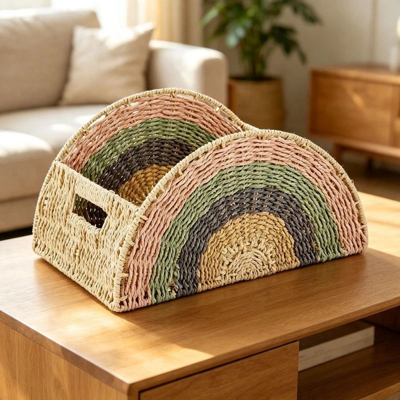 Rainbow Woven Storage Basket | Eco Paper Rope Organizer Woven Storage Basket Babs