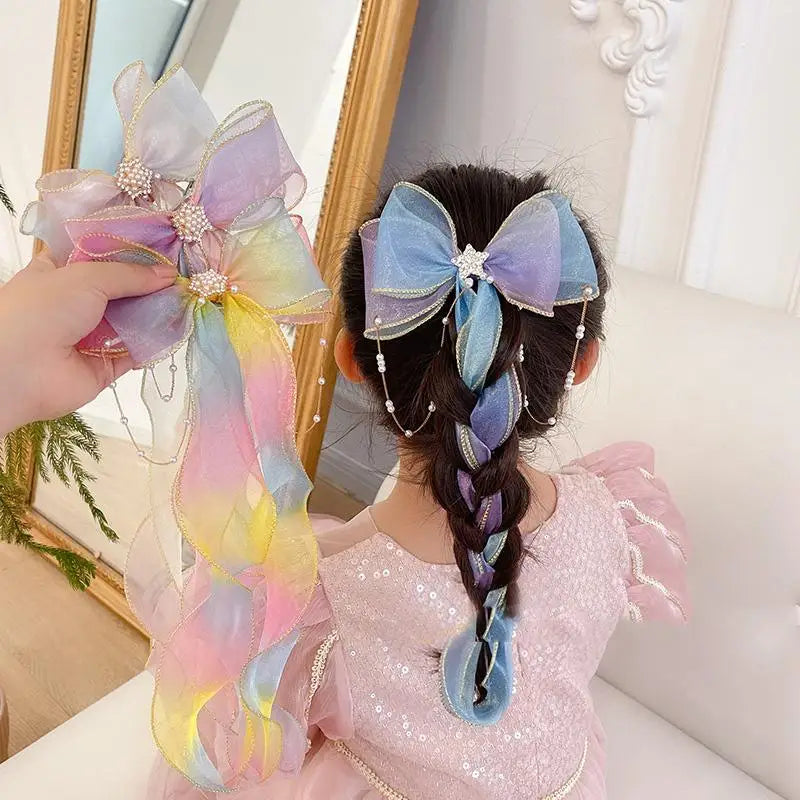 Pearl Chain Mesh Hair Bows Tassel Ponytail Clips for Girls Girls Hair Bow Clip Babs