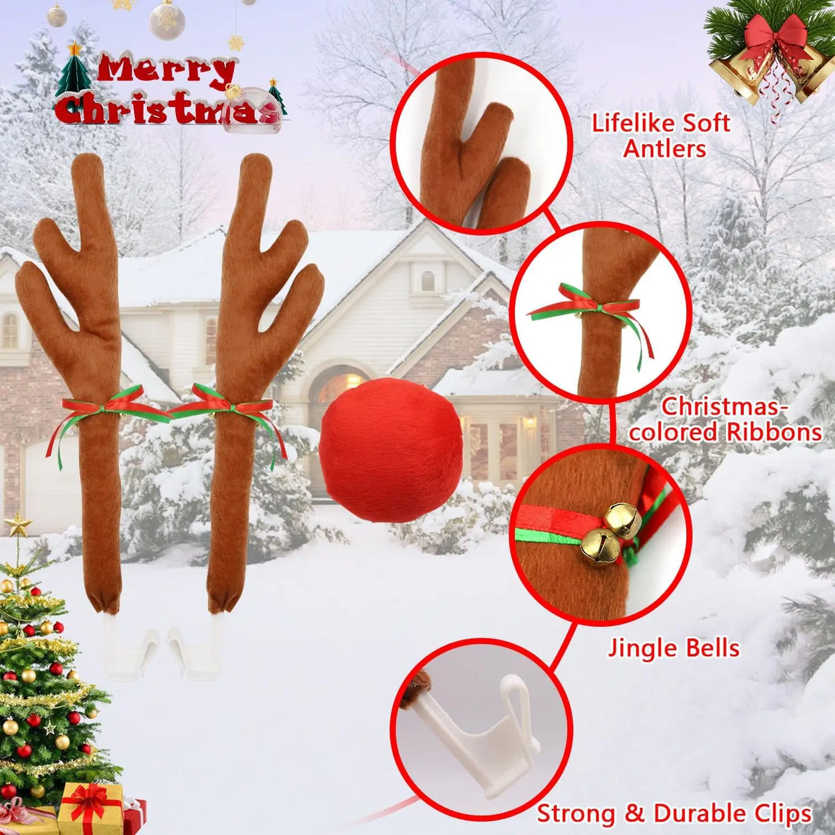 Christmas Reindeer Car Costume – Antlers & Nose Decoration Kit Car Holiday Decoration Babs
