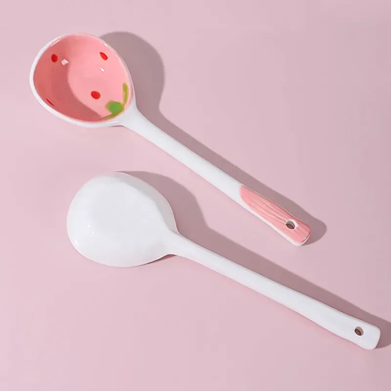 Kawaii Strawberry Ceramic Spoon – Hand-Painted Long Handle Ceramic Spoon Set Babs