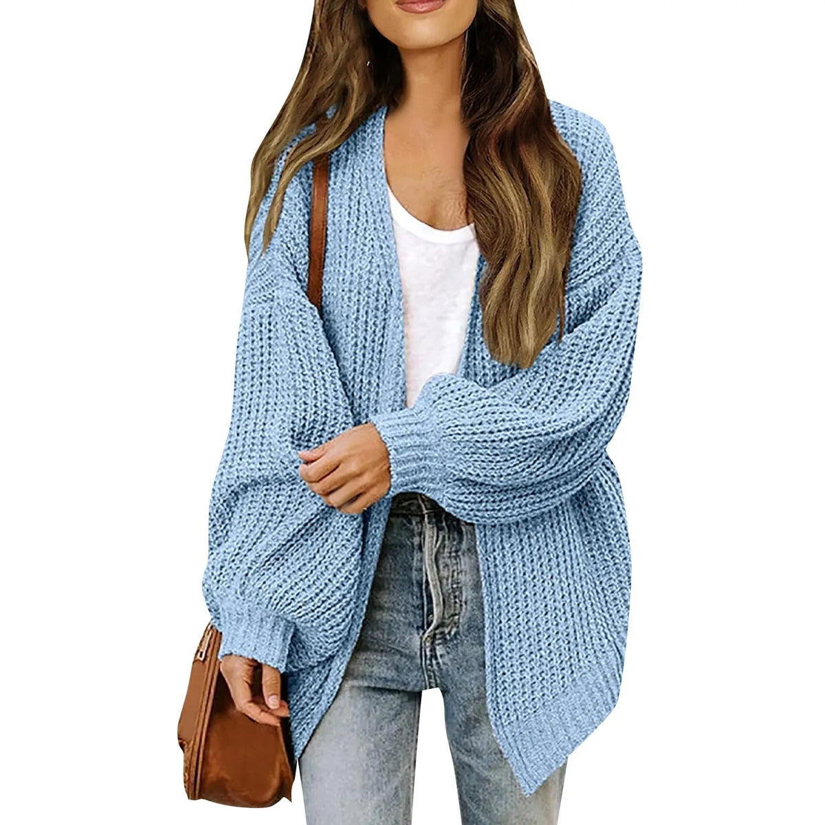 Women's Lantern Sleeve Thick-Knit Cardigan – Loose V-Neck Coat Knit Cardigan Sweater Babs XXL Light Blue