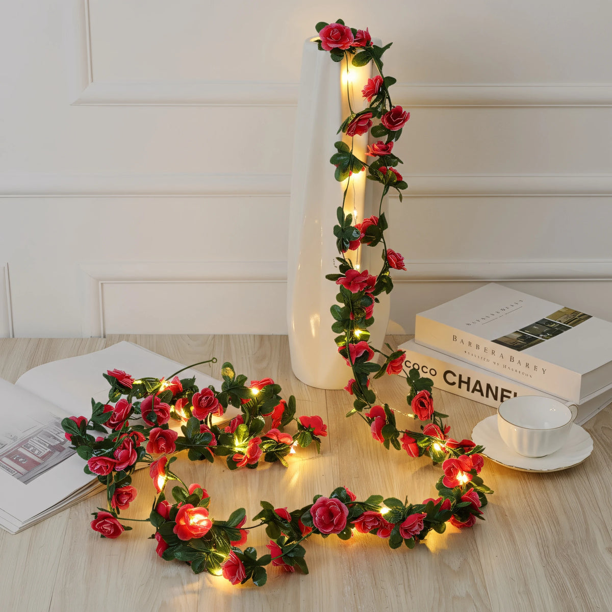 Artificial Rose Vine LED String Lights Hanging Garland Decor Floral LED Garland Babs Spring Rose Button Battery