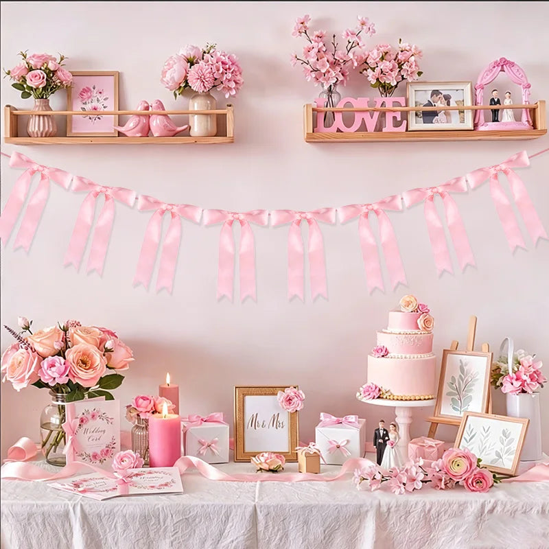8-Piece Pink Bow Garland Satin Ribbon Party Banner Decoration Party Garland Banner Babs