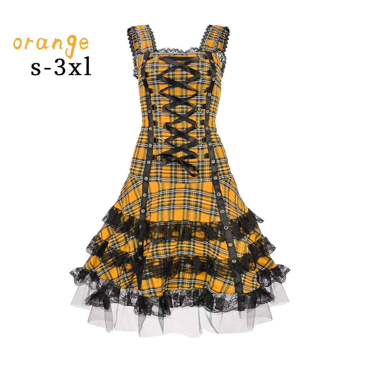 Lolita Gothic Plaid Midi Dress – Lace Ruffle Cosplay Costume Gothic Lolita Dress Babs orange M China Mainland