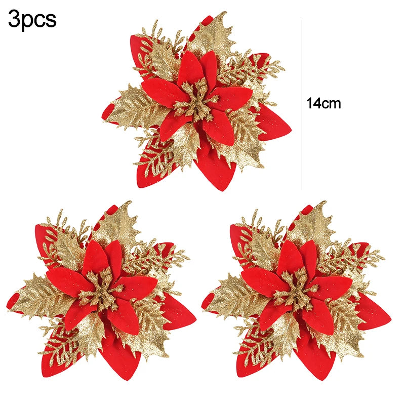 3pcs Glitter Artificial Christmas Flowers Berry Xmas Tree Decor Christmas Tree Ornament Babs