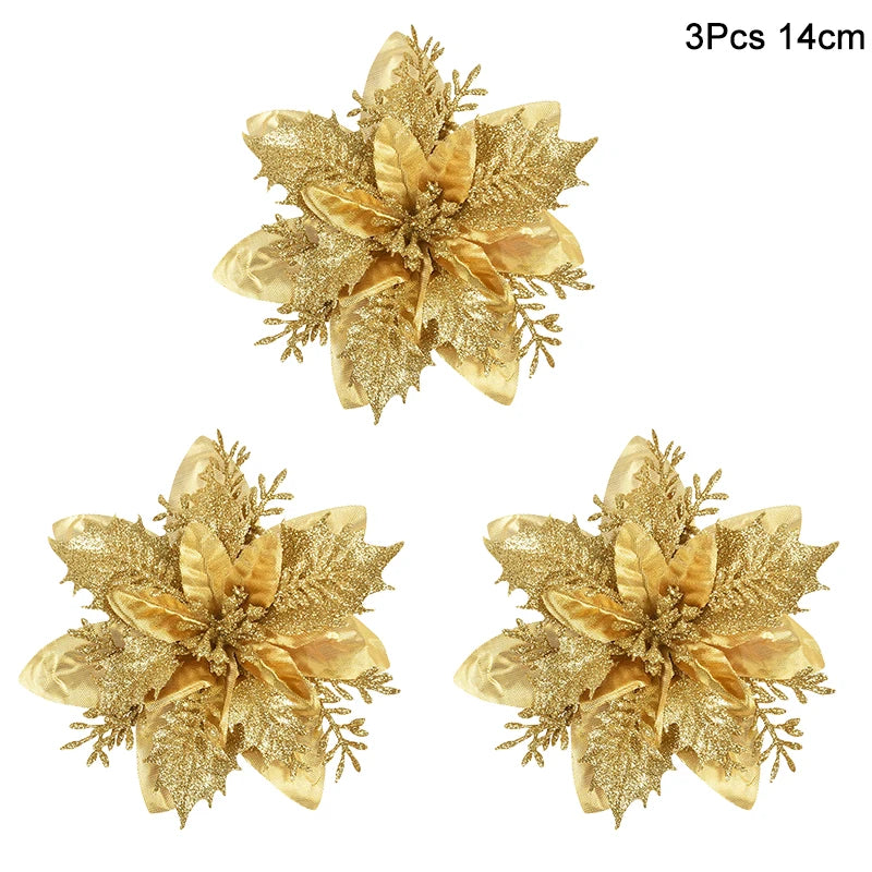 3pcs Glitter Artificial Christmas Flowers Berry Xmas Tree Decor Christmas Tree Ornament Babs Golden