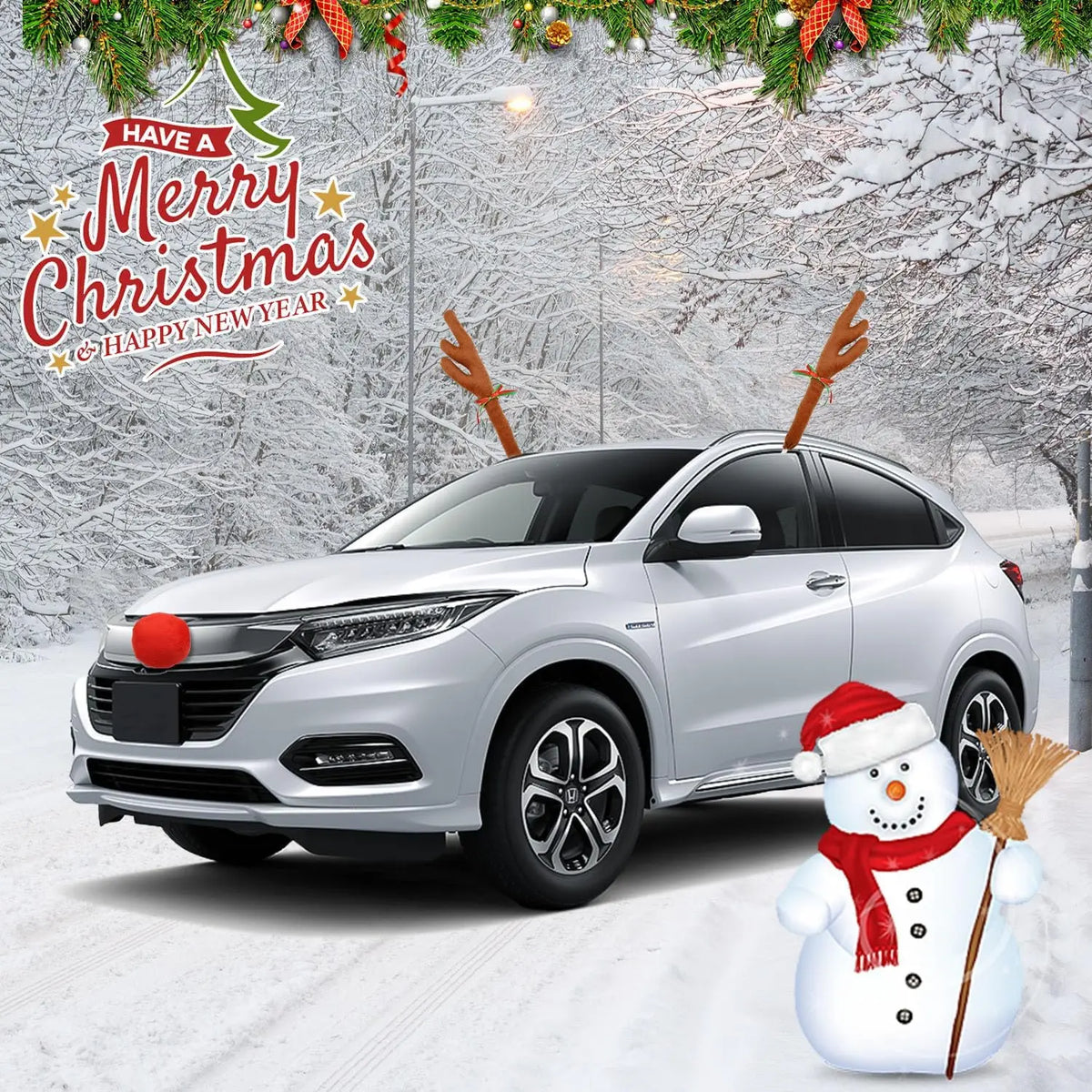Christmas Reindeer Car Costume – Antlers & Nose Decoration Kit Car Holiday Decoration Babs