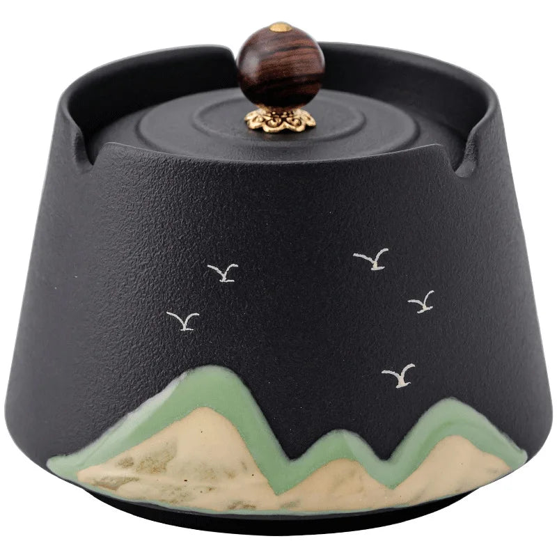 Ceramic Ashtray with Lid – Chinese Style Stoneware Home & Office Decorative Ashtray Babs