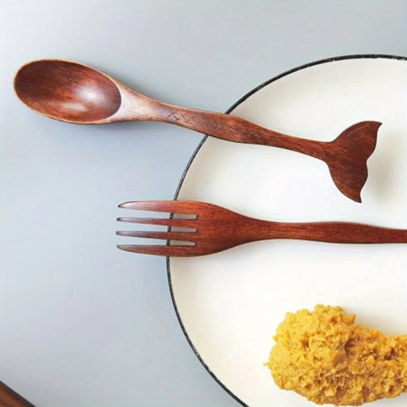 Nanmu Wood Fishtail Spoon & Fork Set – Marine Style Tableware Wooden Cutlery Set Babs