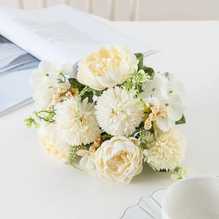 Silk Peony & Hydrangea Artificial Flower Bouquet | Wedding Décor Artificial Flower Bouquet Babs WHITE 1 pc