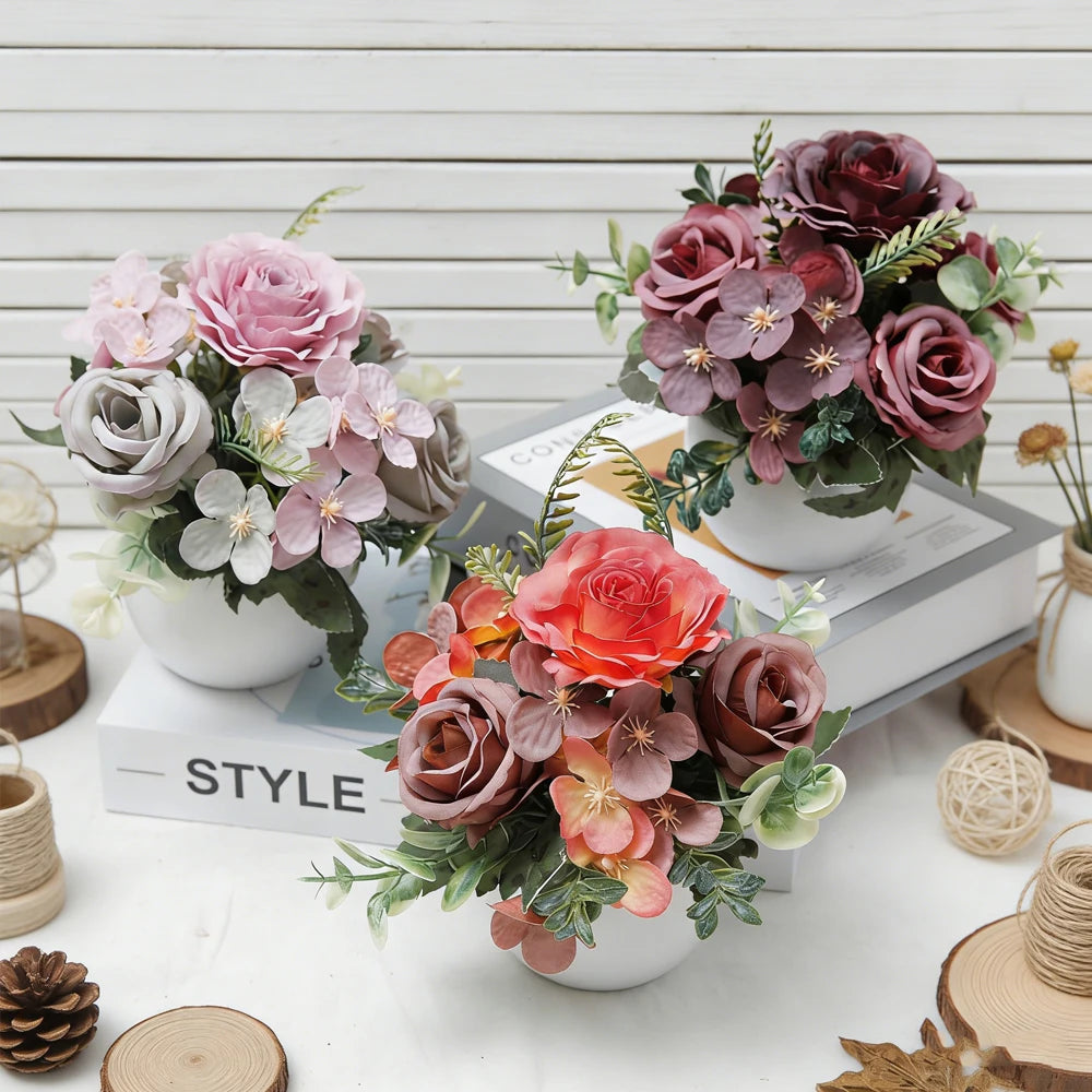 Silk Rose Hydrangea Bonsai – 6-Head Artificial Flower Décor Artificial Flower Bonsai Babs