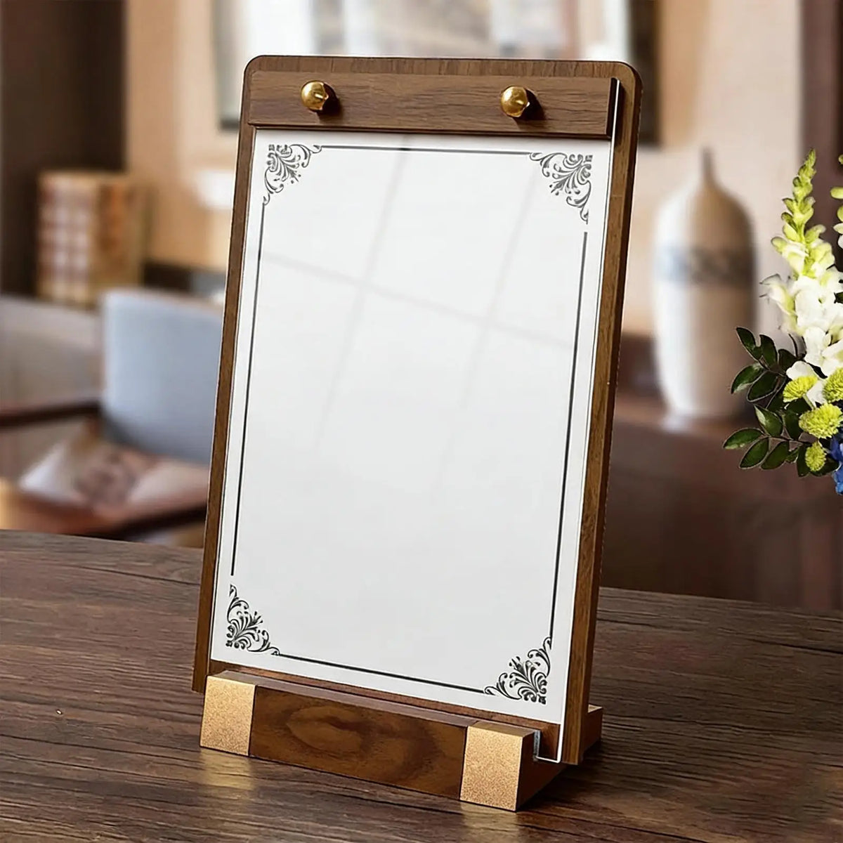 Acrylic Table Sign Holder with Walnut Base – A4 Display Stand Table Sign Holder Babs