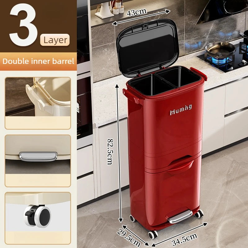 Double Partition Pedal Trash Can | 12L Dual-Compartment Bin Pedal Trash Can Babs 2 Barrels-Red