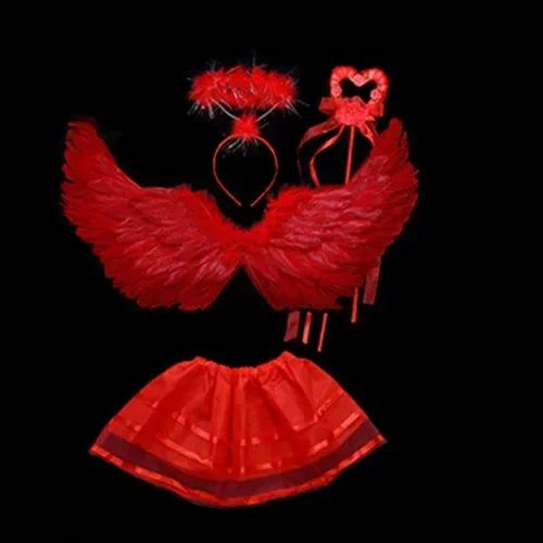 Girls Fairy Costume Set – Feather Wings, Tutu Skirt, Halo & Wand Girls Fairy Costume Babs red