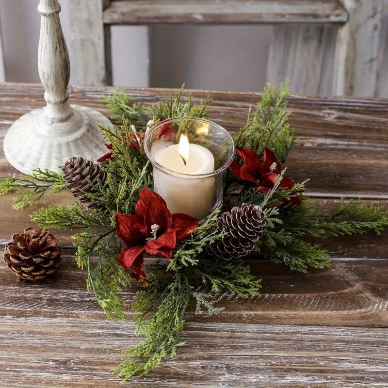 Christmas Floral Wreath Candle Holder | Holiday Centerpiece Wreath Candle Holder Babs