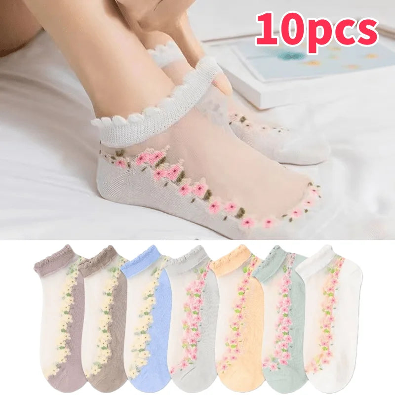 10-Pack Sheer Floral Ankle Socks – Ruffle Mesh for Women Ankle Socks Babs