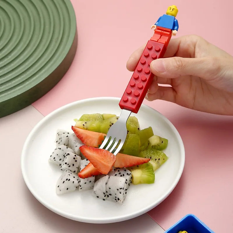 Kids' Stainless Steel Fork & Spoon Set – Building Block Design Kids Cutlery Set Babs