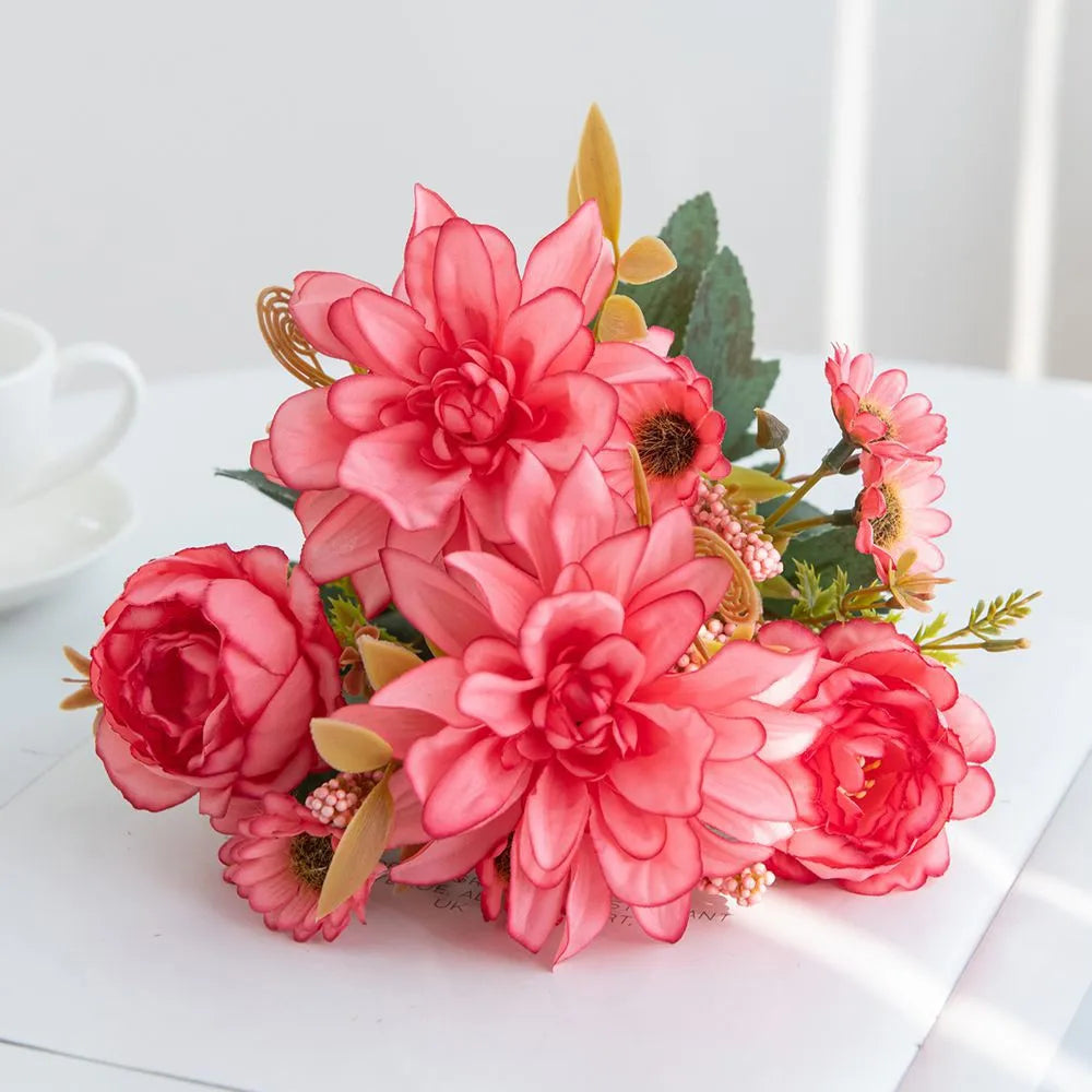Silk Artificial Dahlia Rose Daisy Bouquet – Wedding & Home Decor Artificial Flower Bouquet Babs color 7 1pc