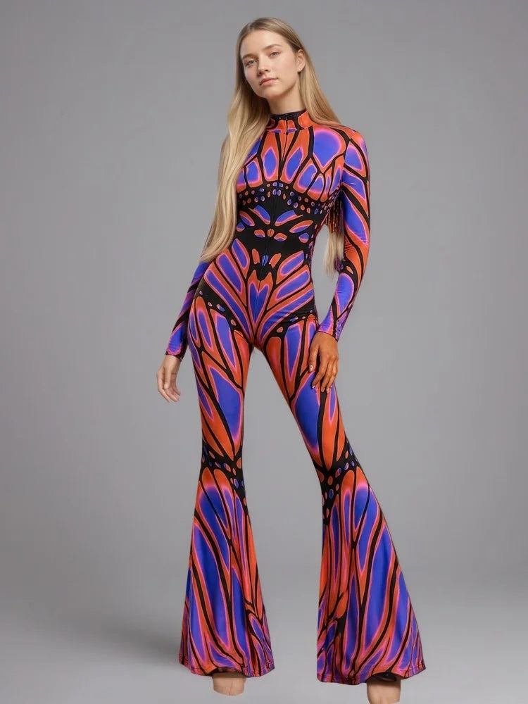 Women's Rainbow Skeleton Flared Catsuit Halloween Jumpsuit Halloween Costume Babs