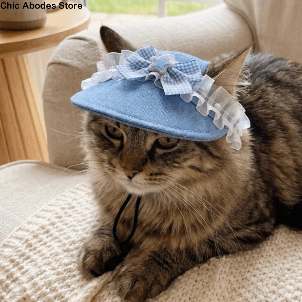 Denim Dog Sun Hat with Ear Holes & Lace Bow | UV Protection Cap Pet Sun Hat Babs