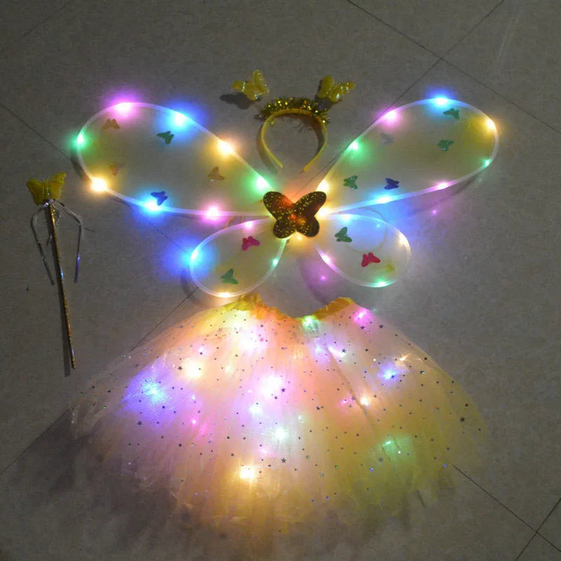 Girls Fairy Angel Glowing Butterfly Wings & Wand Costume Set Kids Costume Set Babs YELLOW
