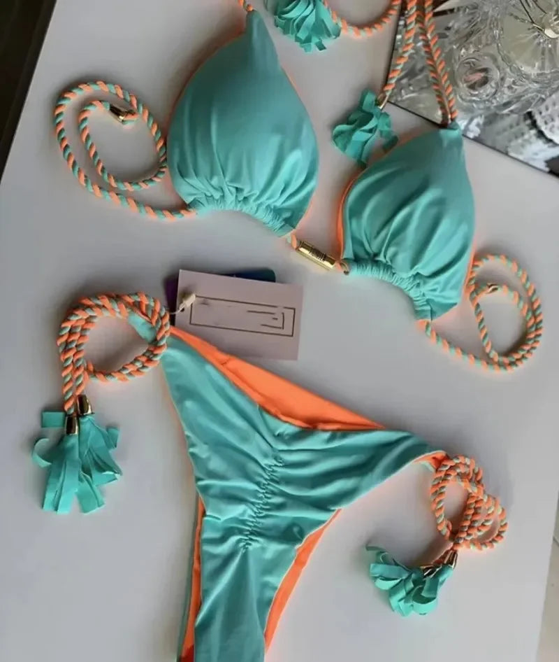 Women's Backless Lace-Up Triangle Bikini Set – Multicolor Triangle Bikini Set Babs