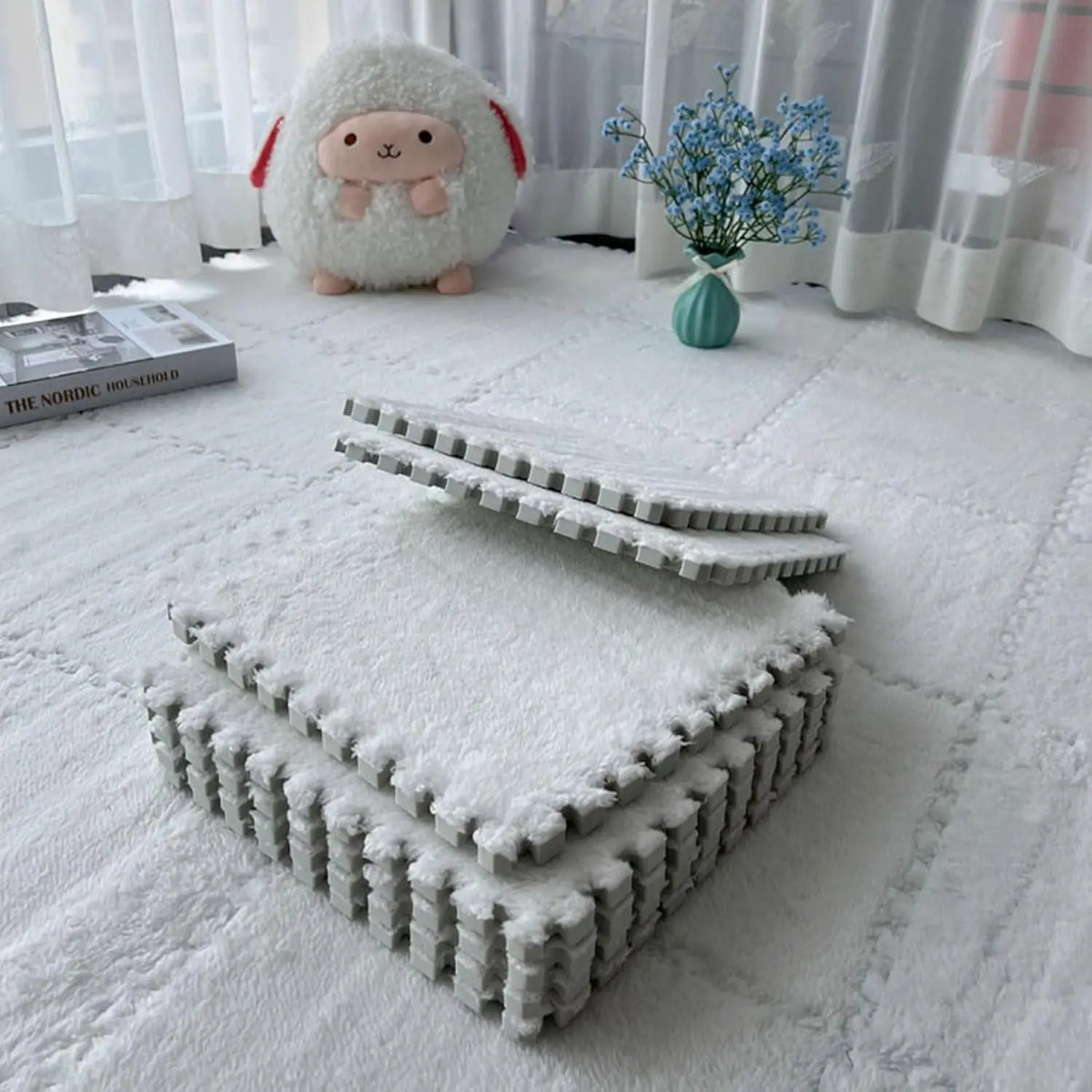 Soft Plush Baby Play Mat – EVA Foam Interlocking Puzzle Tiles Baby Play Mat Babs White 4PCS