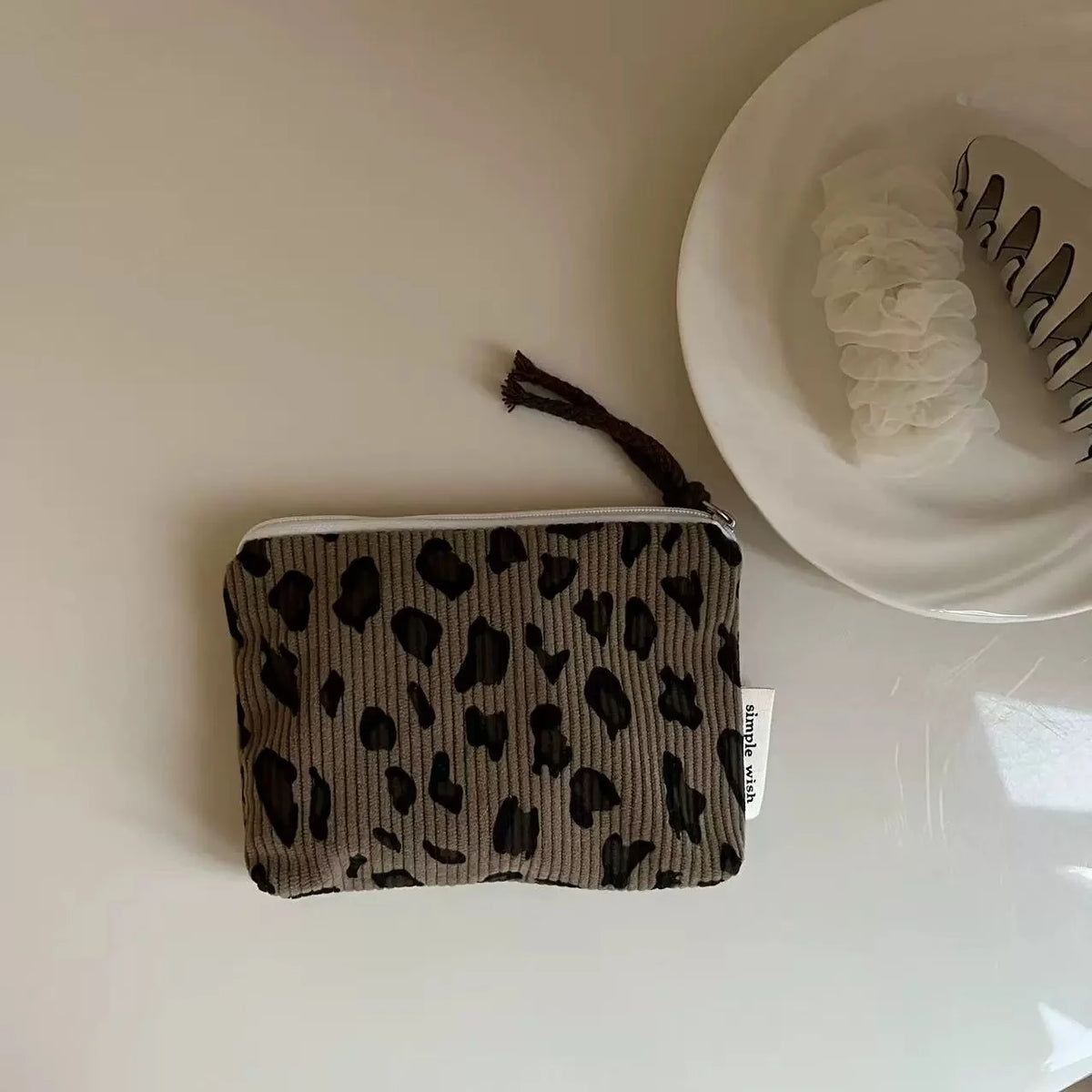 Vintage Leopard Print Mini Corduroy Pouch | Travel Storage Bag Mini Storage Pouch Babs Brown