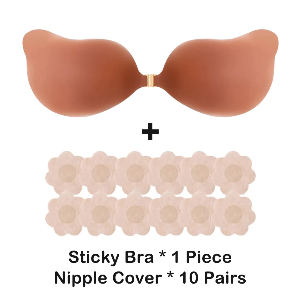 Women's Strapless Sticky Bra – Silicone Push-Up Nipple Cover Adhesive Silicone Bra Babs Caramel S