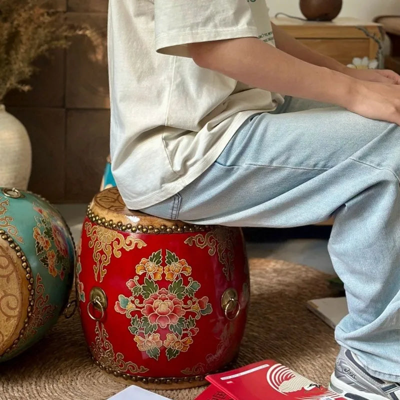 Retro Wooden Drum Stool | Genuine Leather Round Ottoman Decorative Ottoman Stool Babs