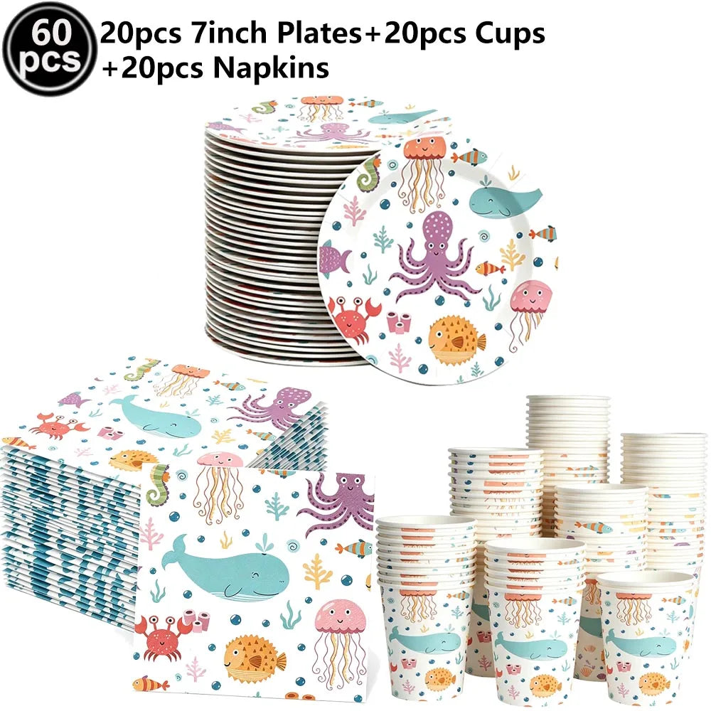 Ocean Animals Birthday Party Supplies Kit – Plates, Cups & More Party Supplies Kit Babs DEEP BLUE as show