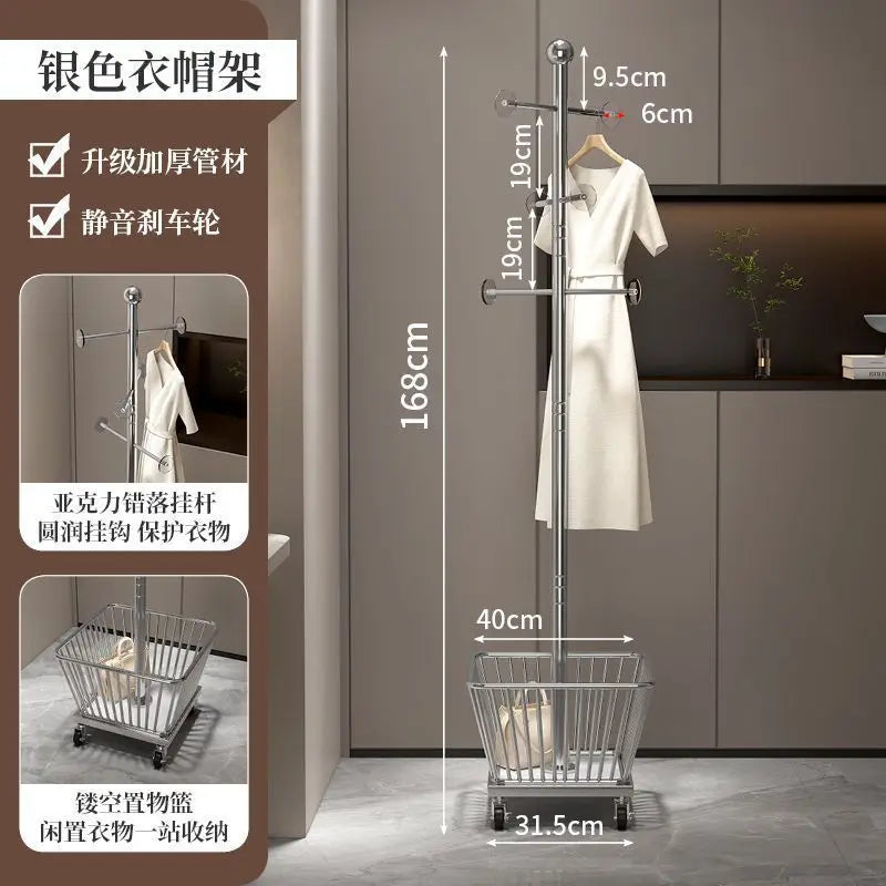 Standing Coat Rack with Basket – Metal Clothes Stand, 3 Hooks Standing Coat Rack Babs Sliver