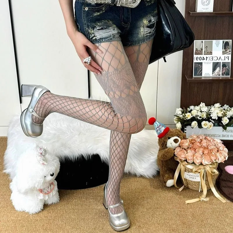 Grey Fishnet Tights – Goth Punk Hollow Mesh Pantyhose for Women Fishnet Tights Babs