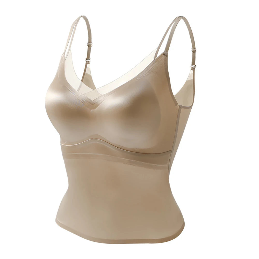 Women's Satin Crop Camisole with Built-In Bra – Backless V-Neck Satin Camisole Top Babs Beige M