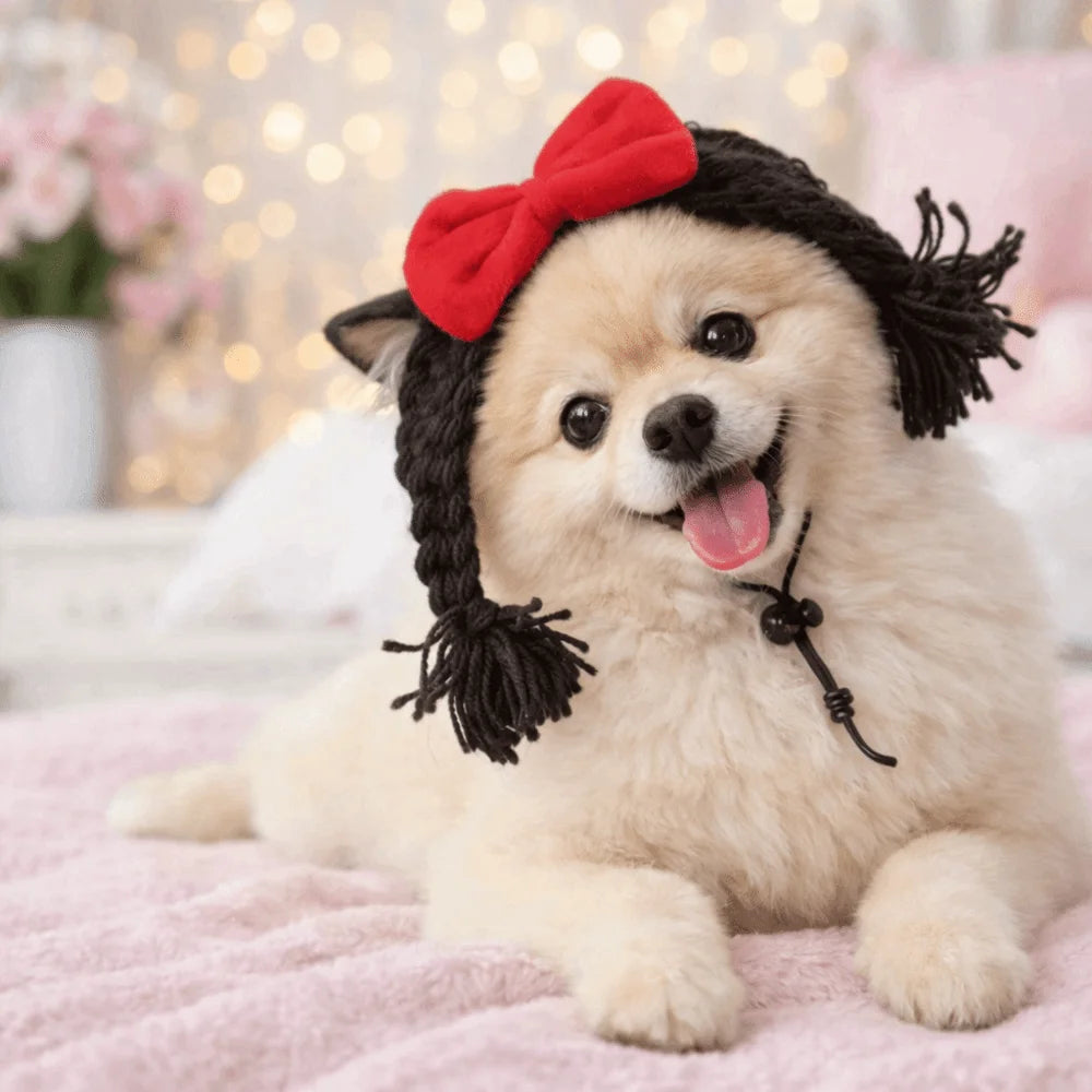 Cute Pet Wig Braid Bow Headgear Cat Cosplay Costume Pet Costume Headgear Babs