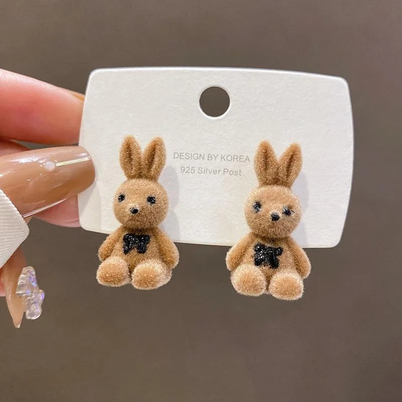 Plush Rabbit Stud Earrings – S925 Silver, Women & Girls Animal Stud Earrings Babs Khaki rabbit