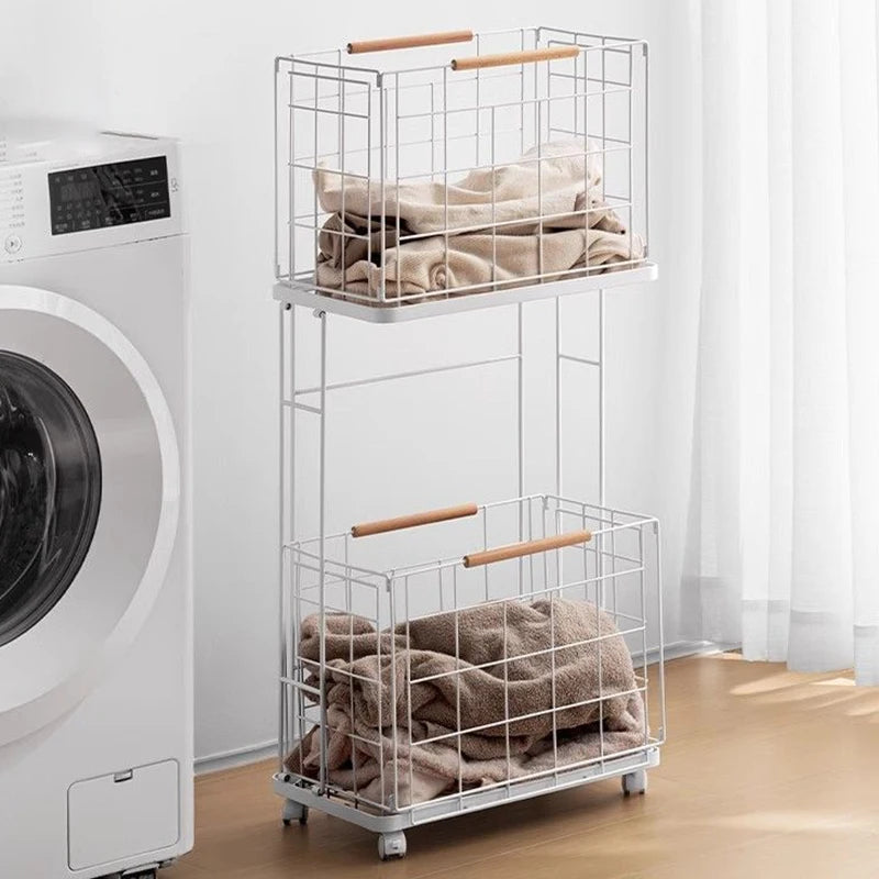 2-Layer Iron Laundry Basket Trolley with Wheels & Handles Laundry Basket Trolley Babs