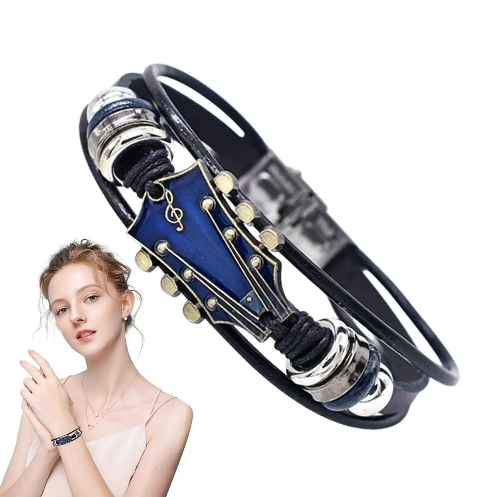 Retro Punk Guitar Charm Bracelet – Braided PU Leather Wrap Charm Wrap Bracelet Babs