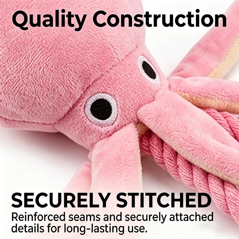 Pink Octopus Squeaky Dog Toy – Cotton Rope Chew & Tug Toy Interactive Dog Toy Babs