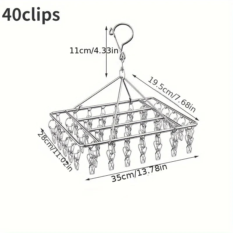 Stainless Steel Clothes Rack – Windproof Clip & Rotating Hook Laundry Drying Rack Babs 40 clips