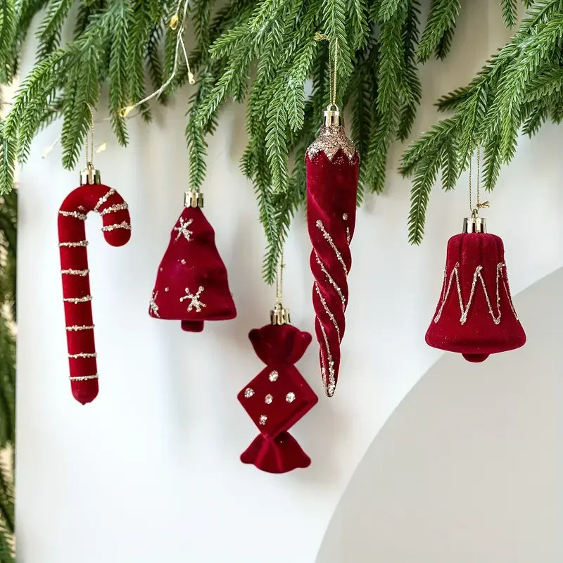 2pcs Velvet Christmas Ornaments – Burgundy Red Bell Candy Cane Christmas Tree Ornaments Babs