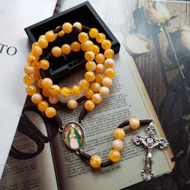Catholic Hand Braided Rosary Beads Necklace – Cross Pendant Gift Rosary Beads Necklace Babs yellow
