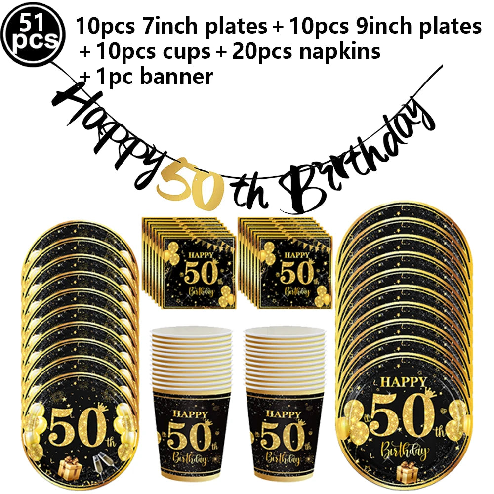 50th Birthday Party Decorations – Black & Gold Tableware Set Party Tableware Set Babs Red