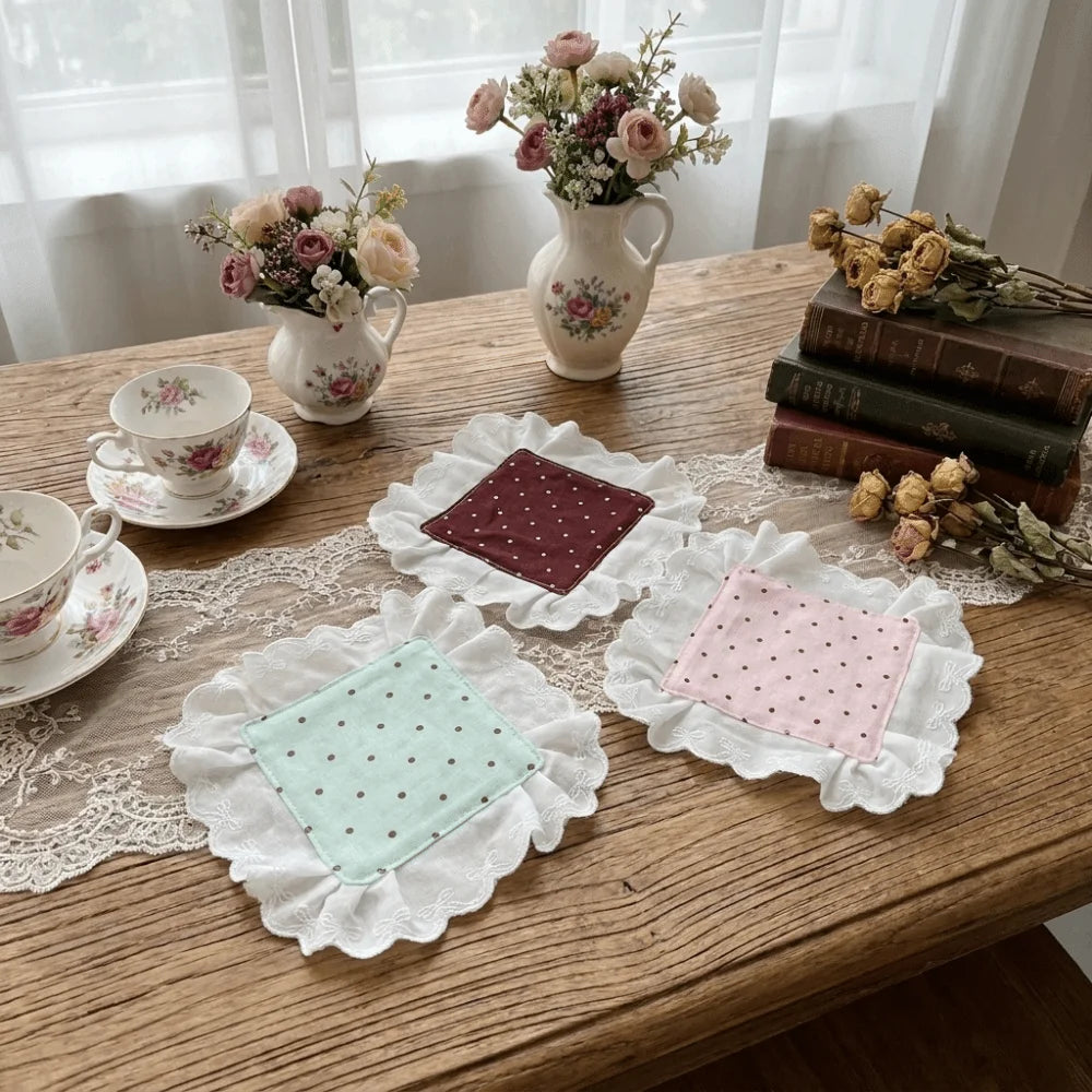 Polka Dot Square Coaster | Heat-Insulating Cotton Linen Mat Decorative Coaster Mat Babs