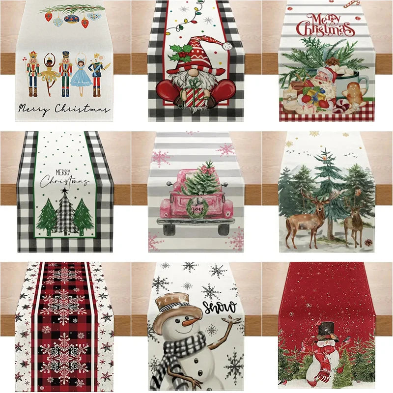 Linen Christmas Table Runner – Snowman & Xmas Tree, 72x13" Christmas Table Runner Babs