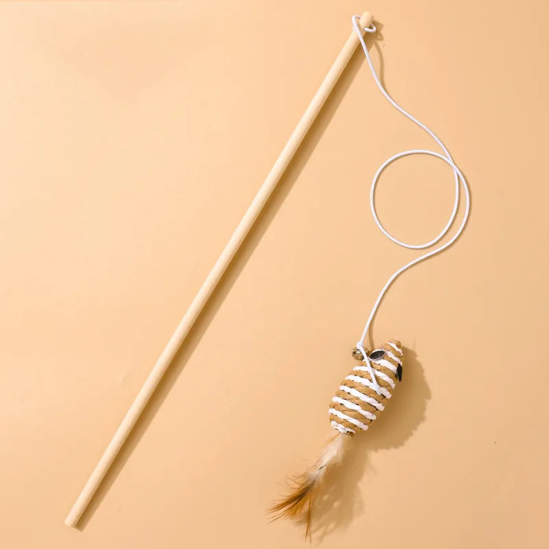 Wooden Cat Teaser Wand with Bell, Feather & Linen Kitten Toy Cat Teaser Wand Babs 1Pc