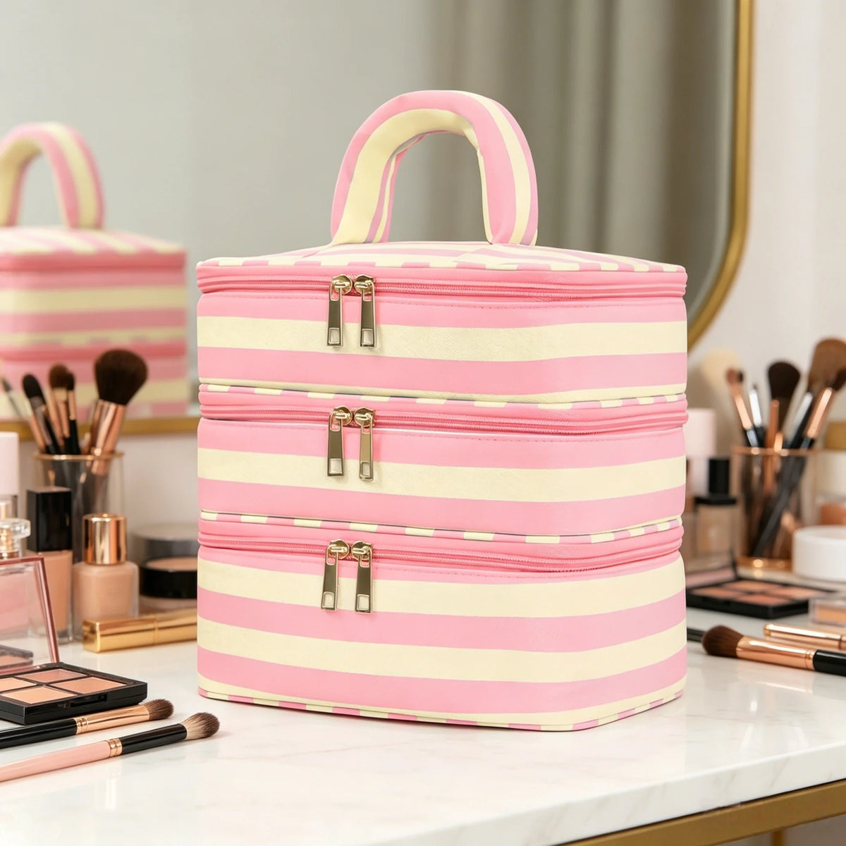 Large 3-Layer Travel Makeup Bag Organizer with Handle Travel Makeup Bag Babs Beige Pink