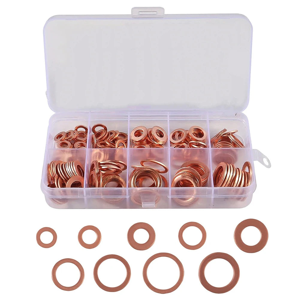 Copper Washer Gasket Set 50/100/120 Pcs Flat Ring Seal Kit Copper Washer Kit Babs