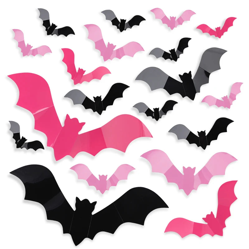 24/48Pcs 3D Halloween Pink Bat Wall & Window Stickers – DIY Decal Halloween Wall Stickers Babs