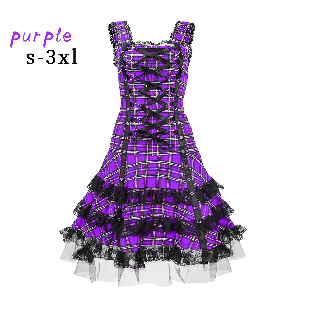 Lolita Gothic Plaid Midi Dress – Lace Ruffle Cosplay Costume Gothic Lolita Dress Babs purple M China Mainland